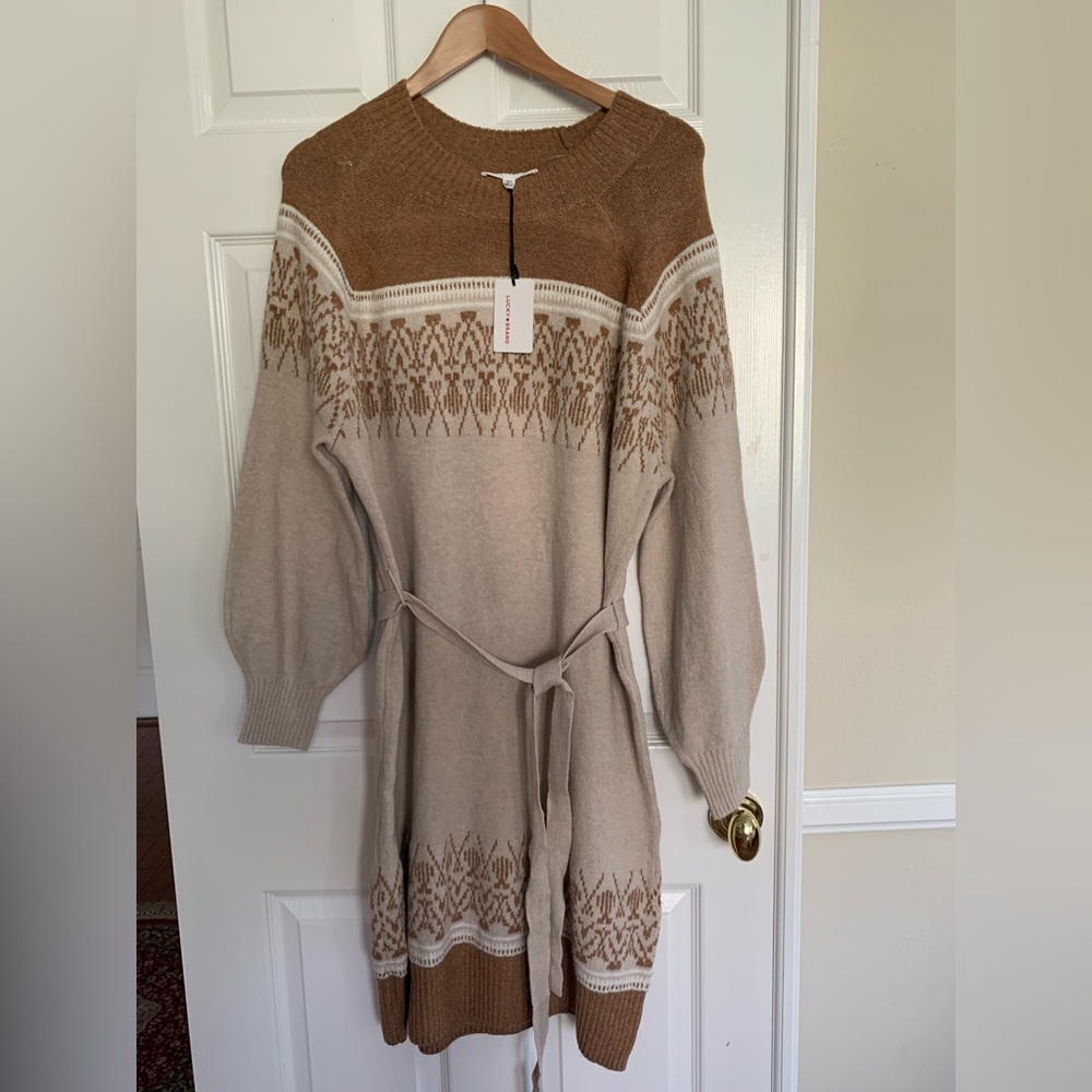 NWT Lucky 🍀 Brand Dress: Tan/brown Fair Isle Pattern, Tie Belt, Crewneck XL